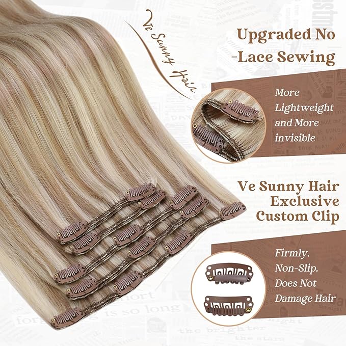 Ve Sunny 24 inch Hair Extensions Clip in Lightest Brown mit Platinum Blonde Clip in Hair Extensions Real Human Hair Remy Hair Extensions Clip ins for Women 120g