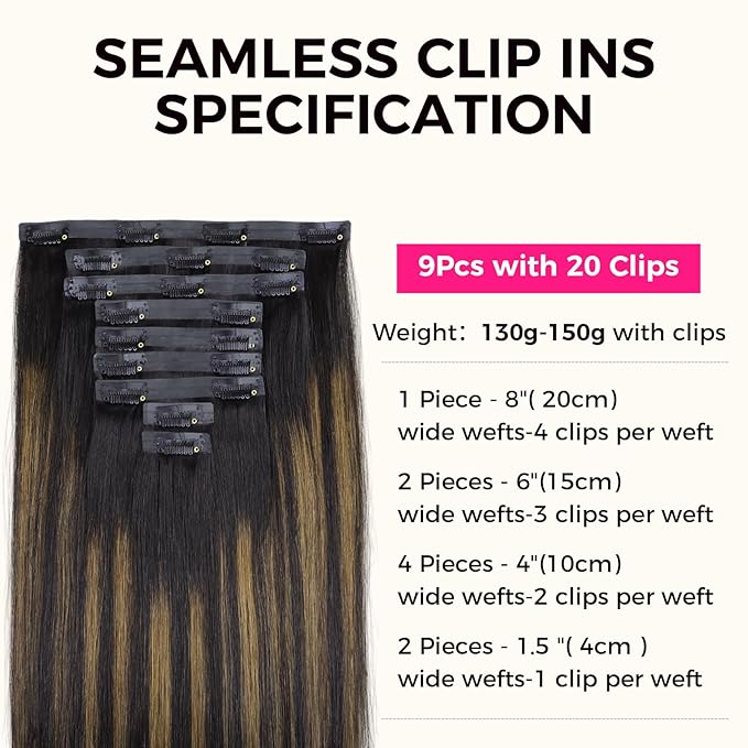Lashey Seamless Clip in Hair Extensions Human Hair 130g 9pcs Straight Natural Black Mixed Chestnut Brown 14 Inch Hair Extensions with PU Soft Invisi Edge for Women
