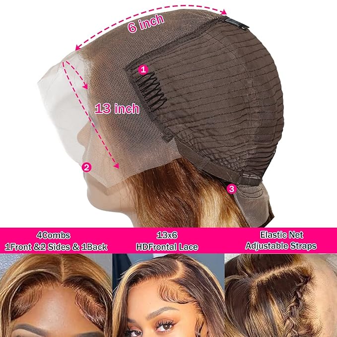 30 Inch 13x6 Body Wave Highlight Ombre Lace Front Wig Human Hair 13x6 HD Lace Front Wigs Human Hair 180% Density P4/27 Colored Wigs Honey Blonde Glueless Wigs Human Hair Pre Plucked Pre Cut