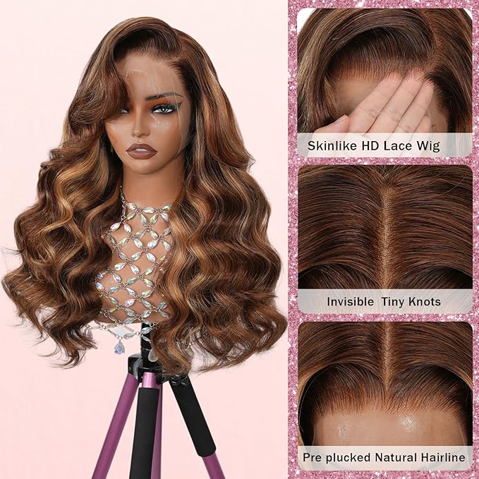 13x4 Full Lace Frontal Wig Highlight Ombre Honey Blonde Wig Human Hair Skinlike Swiss HD Lace Wig Pre plucked Bleached Knots with Natural Hairline 200% Density Glueless Body Wave Lace Front Wigs