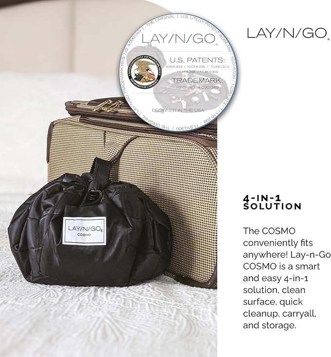 Lay-n-Go Cosmo Drawstring Cosmetic & Makeup Bag Organizer - Portable Drawstring Makeup Bag w/Zipper Pocket, Makeup Loops & More - Durable, Machine Washable Toiletry Bag (20", Comfort/White)