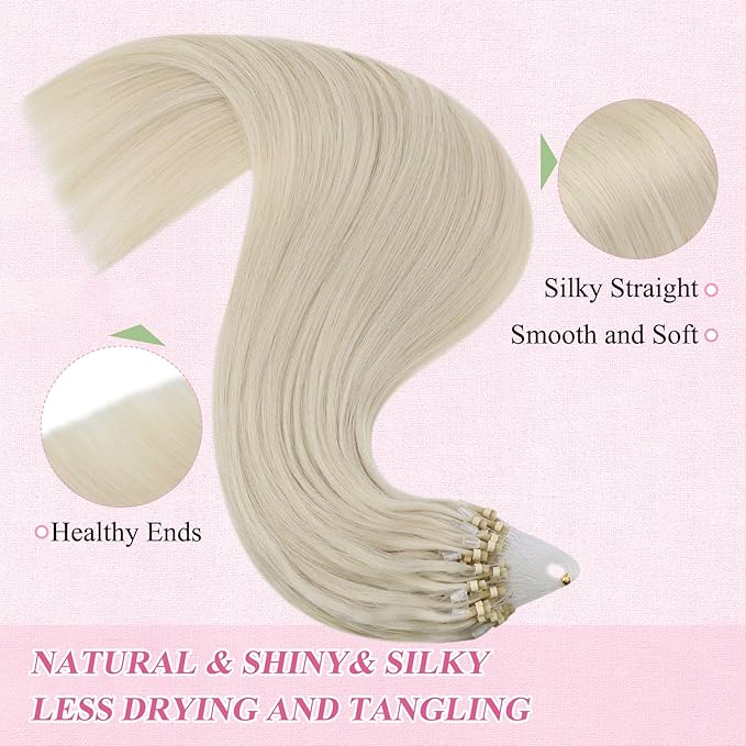 YoungSee Micro Bead Hair Extensions Blonde 14In Microlink Hair Extensions Human Hair Platinum Blonde 50g 50s Micro Ring Hair Extension Blond Beaded Hair Extension Silky Straight for Short Hair