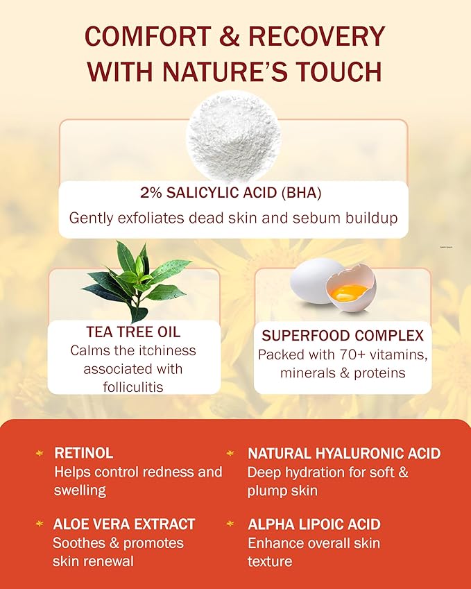 Folliculitis Cream – Folliculitis Treatment for Red Bumps, Ingrown Hairs & Razor Irritation – 2% BHA, Tea Tree, Salicylic Acid, Turmeric & Aloe – Scalp Acne treatment (4 oz)