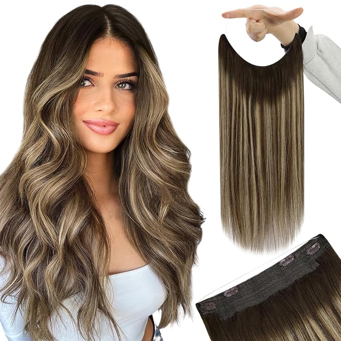 YoungSee Wire Hair Extensions Real Human Hair Balayage Hair Wire with Adjustable Clips Dark Brown Fading to Caramel Blonde Mix Brown Human Hair Fish Line Extensions for Thin Hair 14Inch 80G