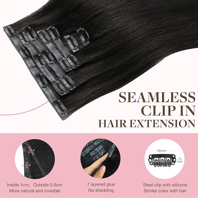 GOO GOO Clip in Hair Extensions Real Human Hair, Remy Human Hair Extensions Clip ins for Women, Natural Human Hair, 16inch 110g 7Pcs, 1B Natural black