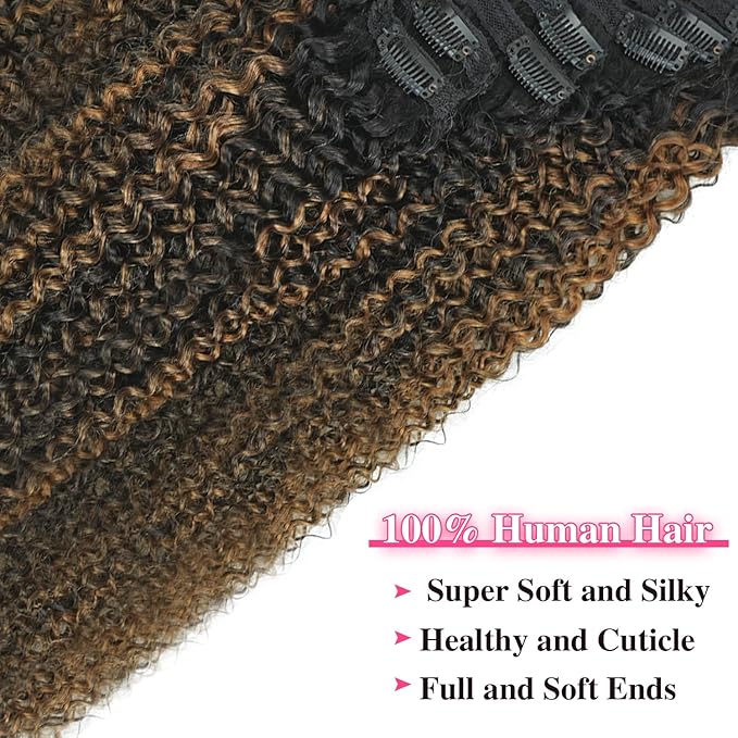 3c 4a Curly Clip in Hair Extensions T1BP1B/30 Omber Kinky Curly Clip ins For Women Brazilian Virgin Clip on Hair (24inch,T1BP1B/30)