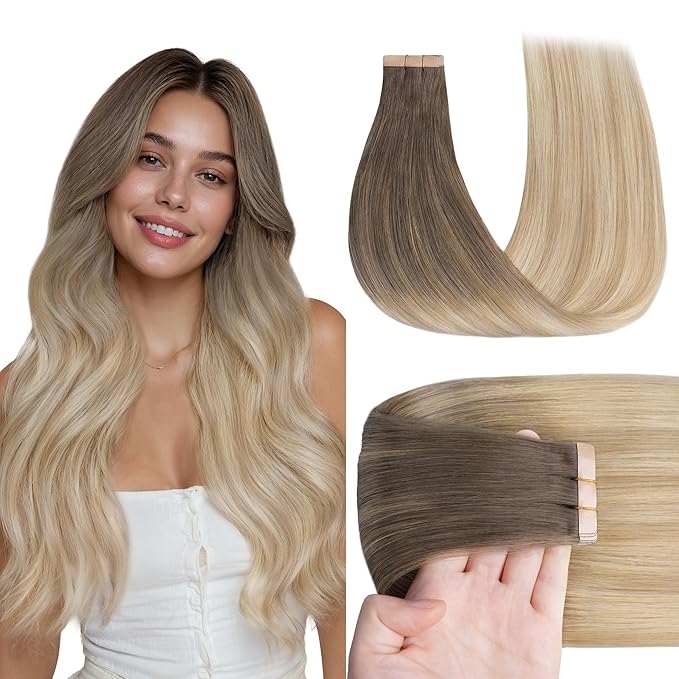 GOO GOO Tape in Hair Extensions Human Hair, 9/18J/60 Chocolate Brown to Champagne Blonde Balayage, 24inch 50g 20pcs, Skin Weft Seamless Invisible, Silky Straight with Thick Ends, Remy Human Hair