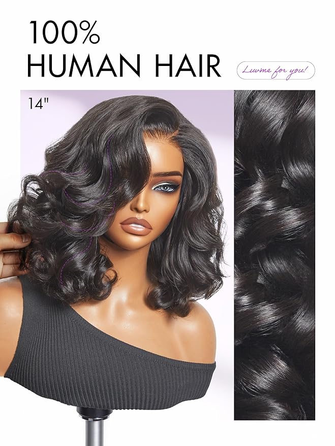 LUVME HAIR 100% Human Hair Wigs Loose Wave Glueless Lace Front 16 Inches, Pre Cut Plucked Hd Lace Short Wig Ready To Go Natural Color Straight Bleached Knots Side Part Black Wigs