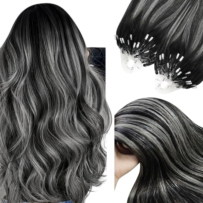 YoungSee Micro Loop Hair Extensions Real Human Hair Silver Balayage Micro Bead Hair Extensions Human Hair Black Ombre Silver Microlink Hair Extension Balayage Black 18 Inch 1g/s 50g 50s