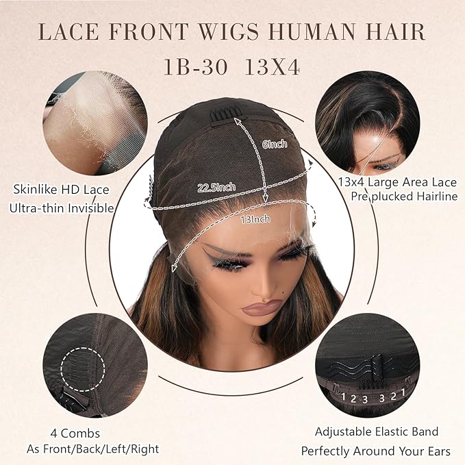 Highlight Ombre Body Wave Lace Front Wigs Human Hair 13x4 Skinlike HD Lace Wigs Invisible 0.1mm Ultra-thin 100% Real Human Hair 1B/30 Balayage Brown Wig Human Hair 200% Density 24 Inch for Women