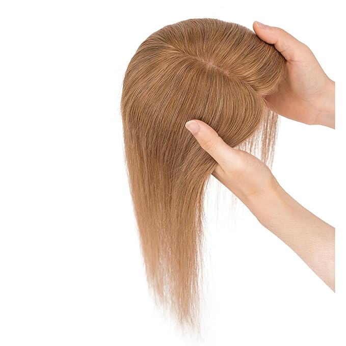 Hairro Human Hair Toppers Free Parted, 3.5x4.7" Base Hand-wovened 100% Real Hairpieces, with Invisible Clips-in for Women, for High Hairline/Adding Volume on Top, 14 Inch Blondish Brown