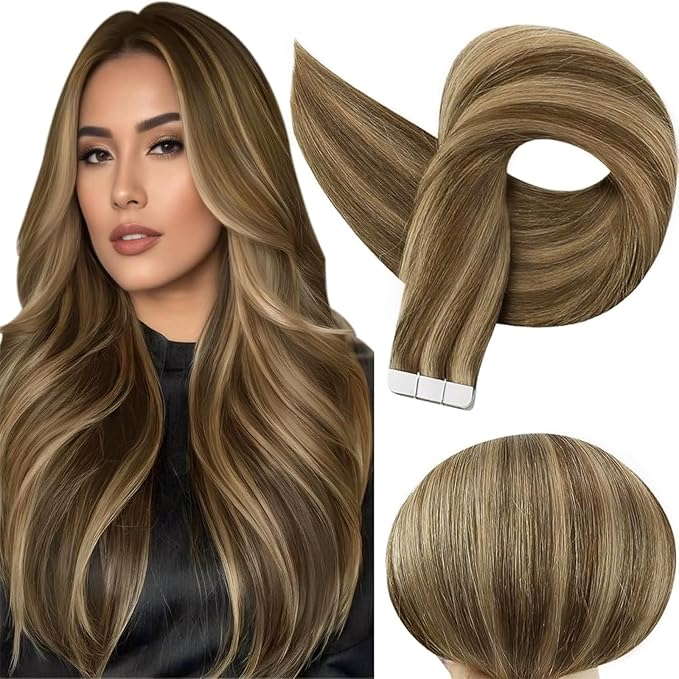 Full Shine Tape in Hair Extensions 50 Gram Medium Brown Highlights Honey Blonde Real Human Hair Extensions Tape ins 22 Inch Straight Tapes in Extensions 20 Pcs Seamless Straight Glue Hair Extensions