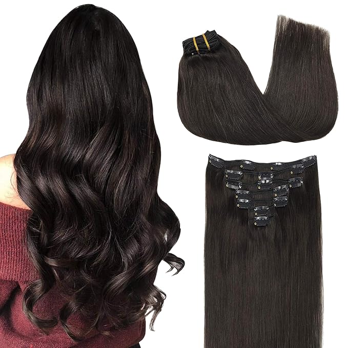 GOO GOO Clip in Hair Extensions Real Human Hair, Remy Human Hair Extensions Clip ins for Women, Natural Human Hair, 24inch 170g 7Pcs, #2 Dark Brown