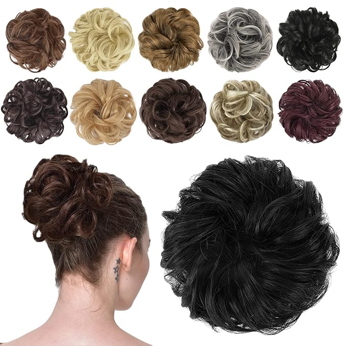 FESHFEN Messy Bun Hair Piece - Elastic Wavy Curly Hair Bun Scrunchies Extensions Synthetic Chignon Hairpieces for Women Girls, Natural Black 1.5 oz