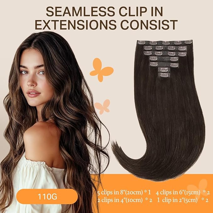 DOORES Clip in Human Hair Extensions, Light Dark Brown 80g 7pcs 12 Inch, Human Hair Extensions Seamless Remy Wefts Straight Thick Weft for Women