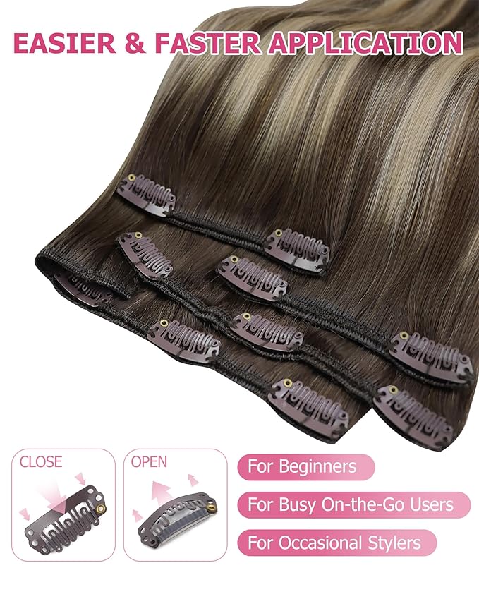 YoungSee Clip in Hair Extensions Real Human Hair Balayage Brown Clip in Real Hair Extensions Chocolate Brown with Ash Blonde Balayage Clip Extension Silky Straight for Women 18In 120G 7Pcs