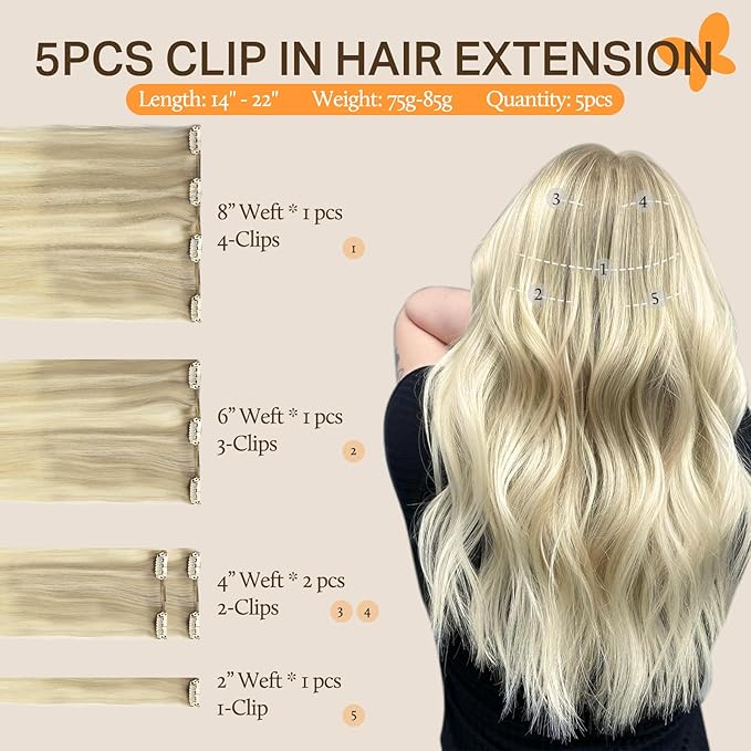 DOORES DOORES Classic Clip Seamless Clip, 5pcs 80g 18 Inch Balayage Ash Blonde to Golden Blonde and Platinum Blonde