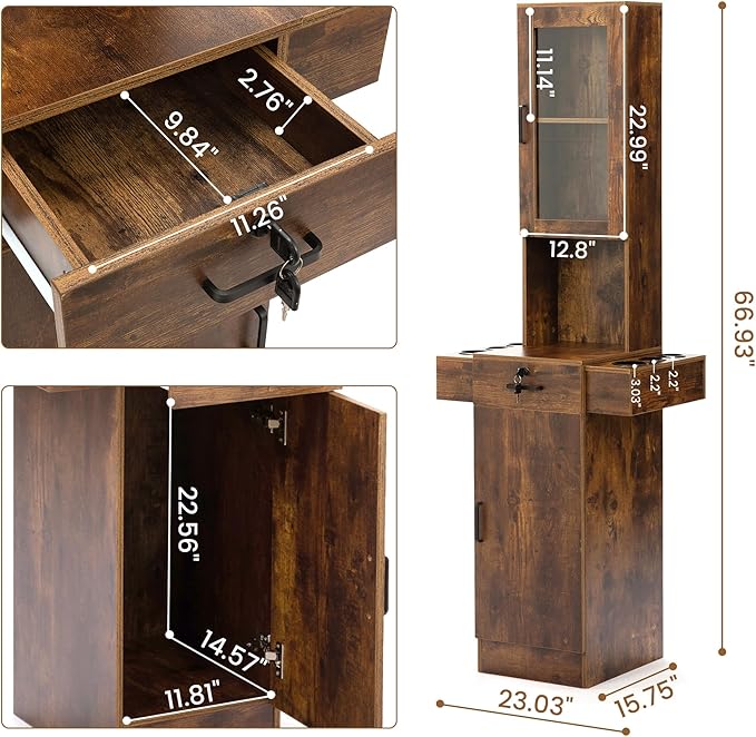 Salon Station for Hair Stylist,Hair Styling Storage Cabinet with Glass Door,Tool Dryer Holders, Salon Beauty Spa Barber Hair Staion,Rustic Brown
