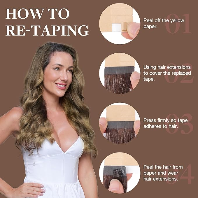 GOO GOO Tape in Hair Extensions Human Hair, 4/18 Balayage Chocolate Brown Highlighted Dirty Blonde, 20inch 50g 20pcs, Skin Weft Seamless Invisible, Silky Straight with Thick Ends, Remy Human Hair