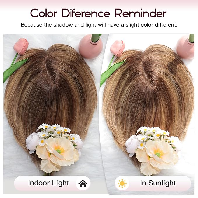 EMMOR Human Hair Toppers for Women Short Bob Real Hair with Bangs 10" Side Part Hairpieces for Women with Thin Hair 6.5" × 6.5" Larger Base Human Wig Toppers(Mixed Brown)