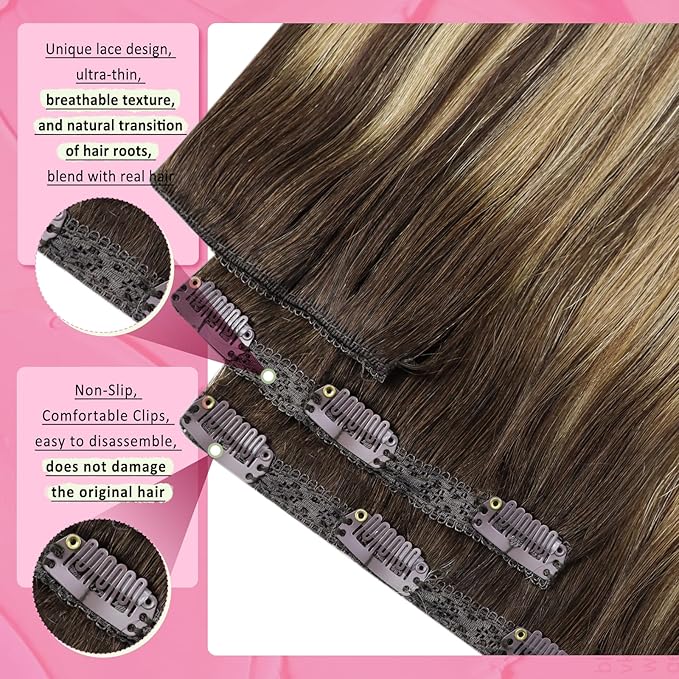 YoungSee Clip in Hair Extensions Human Hair Balayage Brown Human Hair Clip in Extensions Balayage Chocolate Brown Mix Caramel Blonde Full Head Clip ins Real Hair Extension Add Length 120G 20Inch