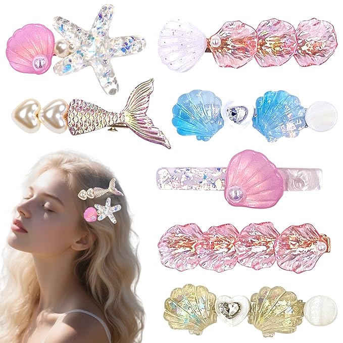 7PCS Iridescent Ocean Hair Clip Set - Mermaid Tail, Starfish, Seashell Designs with Pearl Accents, Beachy Hair Accessories for Vacations, Pool Parties & Summer Styling