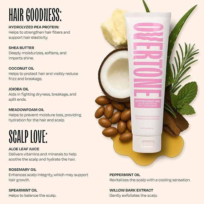 Overtone Daily Color Depositing Conditioner, Pastel Pink, 4.5oz, Hydrating, Damage-Free Temporary Hair Color for All Hair Types with Shea Butter & Coconut Oil, Vegan & Cruelty-Free