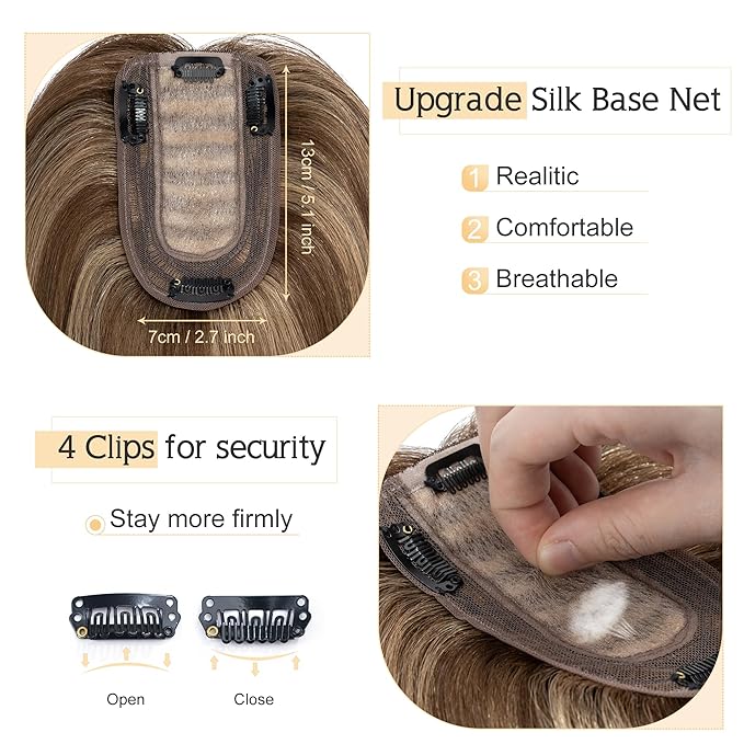 SEGO Human Hair Toppers for Women With Thinning Hair, 7 * 13CM Silk Base 100% Real Human Hair Clip in Top Wiglet Hairpieces /16 Inch No Bangs Medium Brown&Dark Blonde