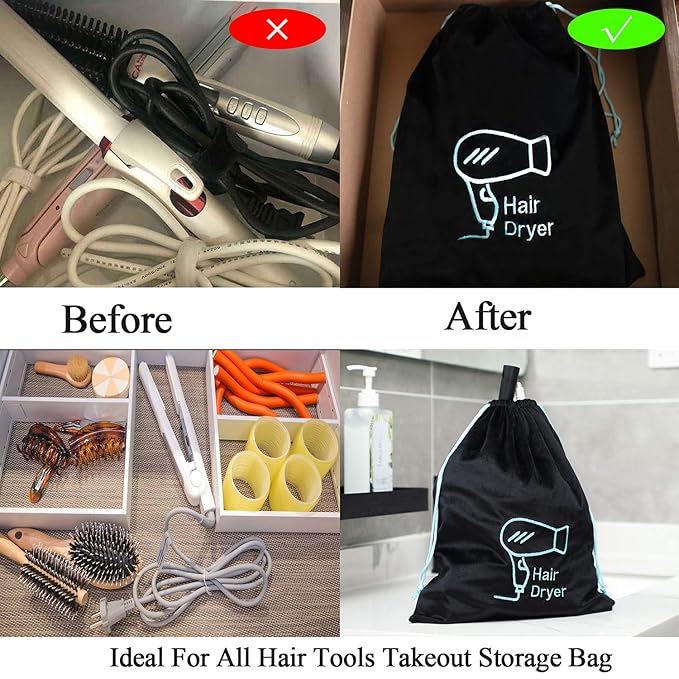 Hair Dryer Bag 11.8’’x 14’’ Storage Organizer Bag For Hairdryer and All Hair Tools With Drawstring, Ideal for Travel, Gym, Hotel or Home Use (Two Packs)