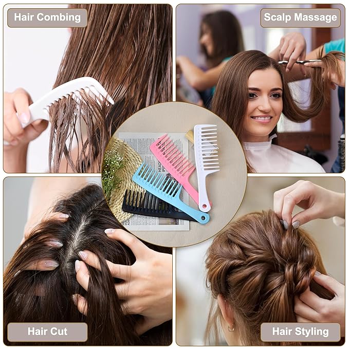 4PCS Wide Tooth Comb, Large Hair Detangling Comb Styling Comb, Professional Women Hair Care Handgrip Comb for Curly, Wet, Long Hair (Black)