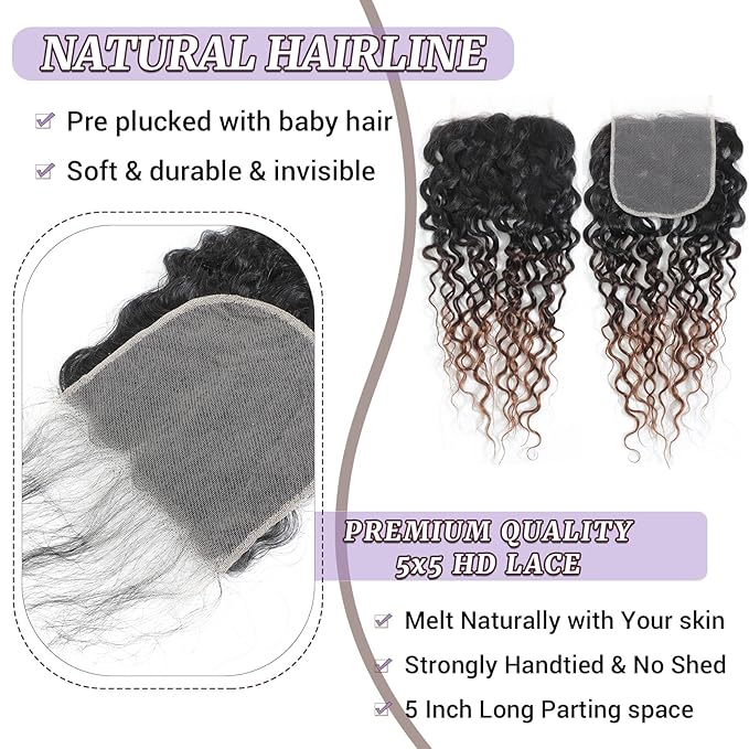 T1B/2/30 Ombre Water Wave 5x5 Lace Closure 100% Real Human Hair 14 Inch Chestnut Brown Ombre Water Wave Transparent Lace Closure