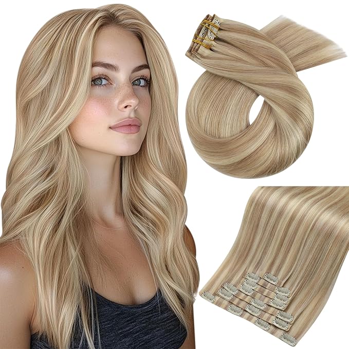 Moresoo Seamless Clip in Hair Extensions Human Hair Dark Ash Blonde with Golden Blonde PU Seamless Human Hair Clip in Extensions Seamless Hair Extensions Clip ins Blonde Highlight 7pcs/120g 16inch