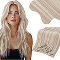 Moresoo Human Hair Clip in Extensions Blonde Highlights Real Hair Extensions Clip ins Thick to Add Volume for Women Ash Blonde with Bleach Blonde Double Weft 150g/7pcs 20 inch