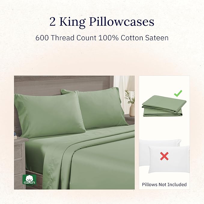 California Design Den Premium King Pillowcases Set of 2-600 Thread Count Sateen, Natural 100% Cotton King Size Pillow Case Pair, Crisp, Durable Bedding - Laurel Green