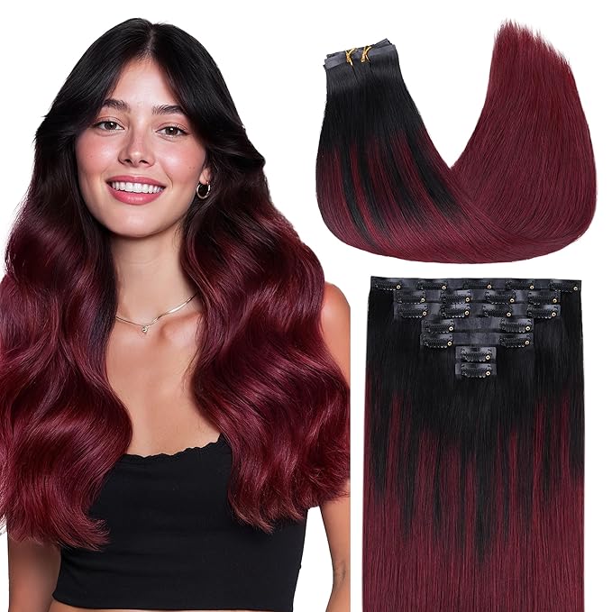 GOO GOO Clip in Hair Extensions Real Human Hair, Remy Human Hair Extensions Clip ins for Women, Natural Human Hair, 20inch 130g 7 Pcs, #1/99j Balayage Jet Black to Red Seamless Blend
