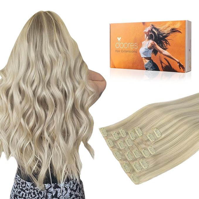 DOORES Hair Extensions Human Hair, Ash Blonde Highlighted Platinum Blonde 80g 7pcs 12 Inch, Thick Seamless Clip in Extensions Straight Hair Invisi Edge Weft