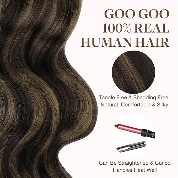 GOO GOO Tape in Hair Extensions Human Hair, 2/6 Dark Brown Highlighted Chestnut Brown, 20inch 30g 10pcs, Skin Weft Seamless Invisible, Silky Straight with Thick Ends, Remy Human Hair