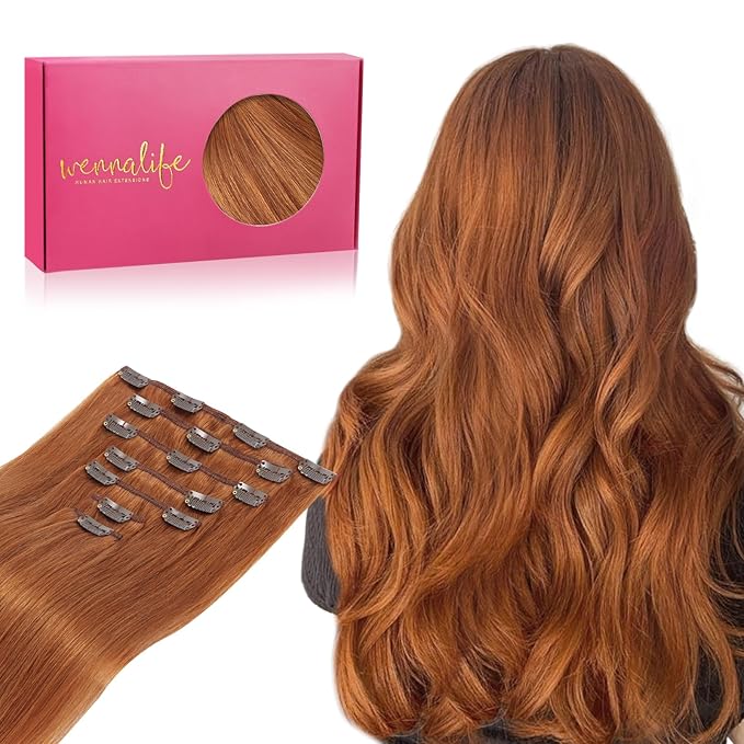 WENNALIFE Real Human Hair Clip in Extensions, 22 Inch 120g 7pcs, Dirty Ginger Remy Hair Clip Ins Double Weft