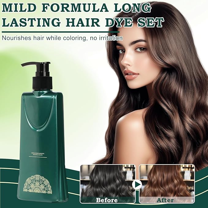 Mild Formula Long Lasting Hair Dye Set, Hair Color for Gray Coverage, Natural plant extracts, Long-Lasting Single Step Hair Dye with Nourishing Shampoo (Natural Black)