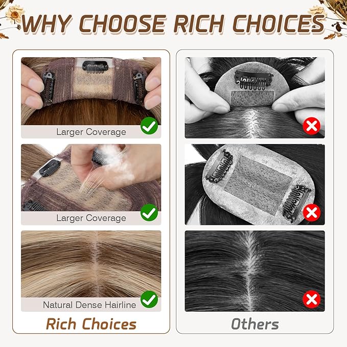 Rich Choices Real Human Hair Toppers for Women With Bang 100% Remy Human Hair Topper for Thinning Hair Clip in Silk Base Hair Topper 6 Inch #4P27 Medium Brown Mix Dark Blonde