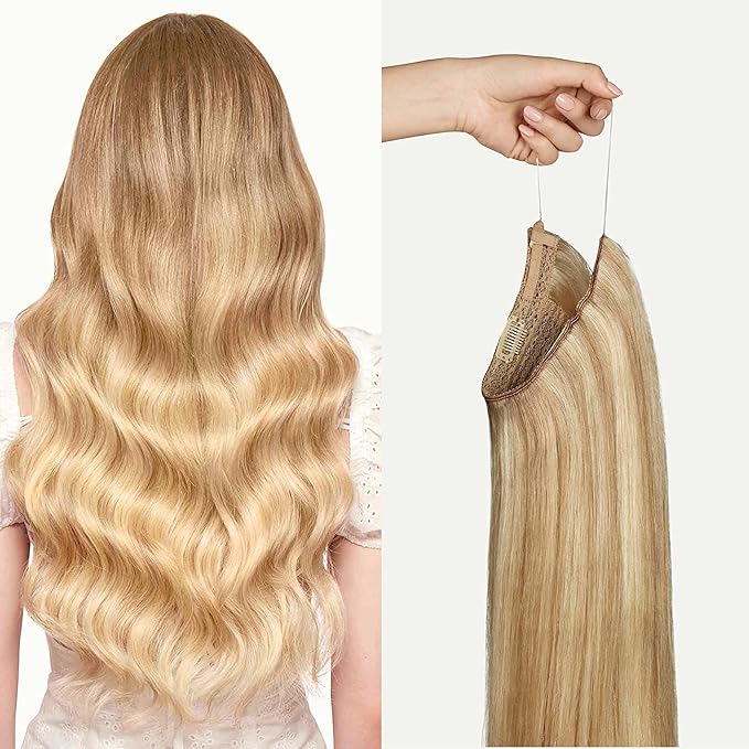 Luxy 100% Remy Human Hair – Halo Clip-In Hair Extensions –Natural Looking Volume & Length - One-Piece - Easy 5-Min Application 140 grams 16" Dirty Blonde Highlights