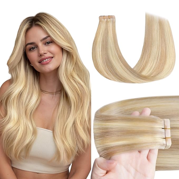 GOO GOO Tape in Hair Extensions Human Hair, 18F/60A Balayage Light Wheat Platinum Blonde, 22inch 50g 20pcs, Skin Weft Seamless Invisible, Silky Straight with Thick Ends, Remy Human Hair