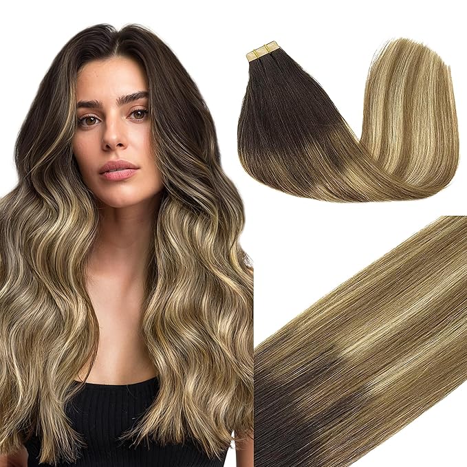 GOO GOO Tape in Hair Extensions Human Hair, 2/6/18 Balayage Brown to Dirty Blonde, 10inch 30g 20pcs, Skin Weft Seamless Invisible, Silky Straight with Thick Ends, Remy Human Hair