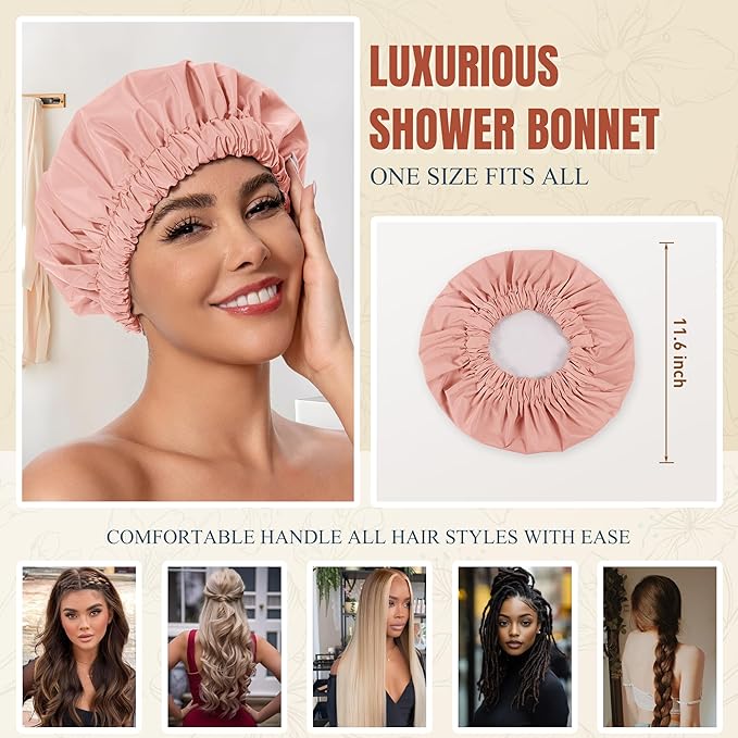 Reusable Shower Cap for Women, Stylish Large Waterproof Shower Bonnet Washable Wide Elastic Band Hair Cap for Long Hair, Braids Bath Hat(Blush Pink)