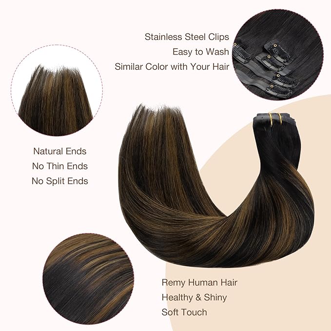 GOO GOO Clip in Hair Extensions Real Human Hair, Remy Human Hair Extensions Clip ins for Women, Natural Human Hair, 16inch 110g 7Pcs, 1B/6/1B Balayage Natural Black to Chestnut Brown