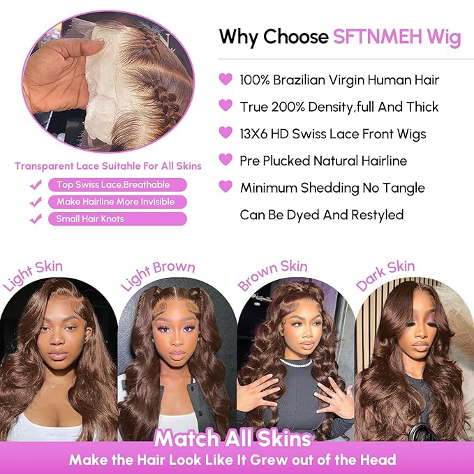 Chocolate Brown 13x6 Lace Front Wigs Human Hair 36 Inch Body Wave Brown Human Hair Wig HD Lace Frontal Glueless Colored Wigs Human Hair Pre Plucked Bleached Knots with Baby Hair for Women