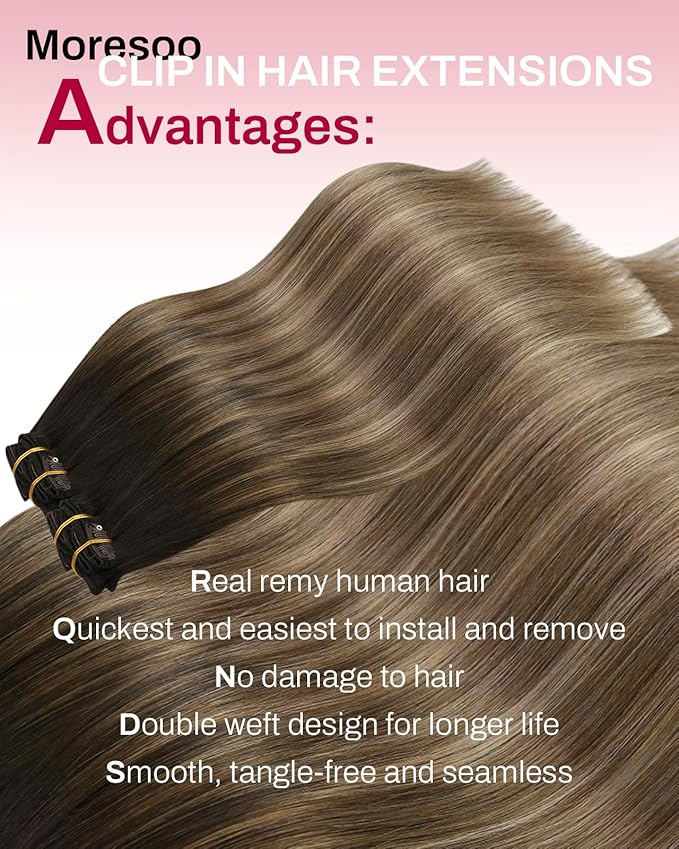 Moresoo Real Human Hair Clip in Extensions Dark Brown to Blonde Seamless Extensions Clip in Human Hair Balayage Dark Brown to Golden with Medium Blonde Pu Weft Invisible for Thickness 150g/7pcs 22in