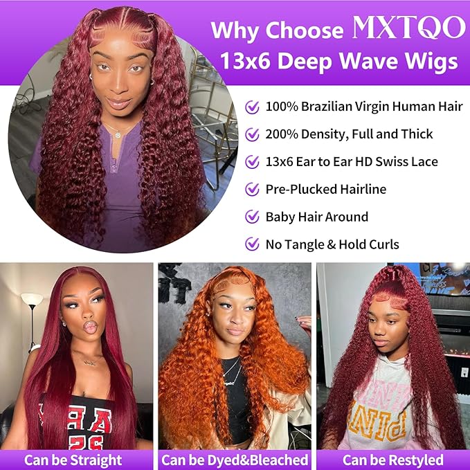 22 Inch 99J Burgundy Lace Front Wigs Human Hair Deep Wave 13x6 HD Lace Front Wigs Pre Plucked with Baby Hair Wet and Wavy Human Hair Wig 200% Density Deep Curly Frontal Wigs for Black Women