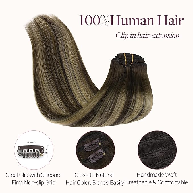 GOO GOO Clip in Hair Extensions Real Human Hair, Remy Human Hair Extensions Clip ins for Women, Natural Human Hair, 20inch 160g 7Pcs, #4/26/4 Balayage Chocolate Brown to Honey Blonde