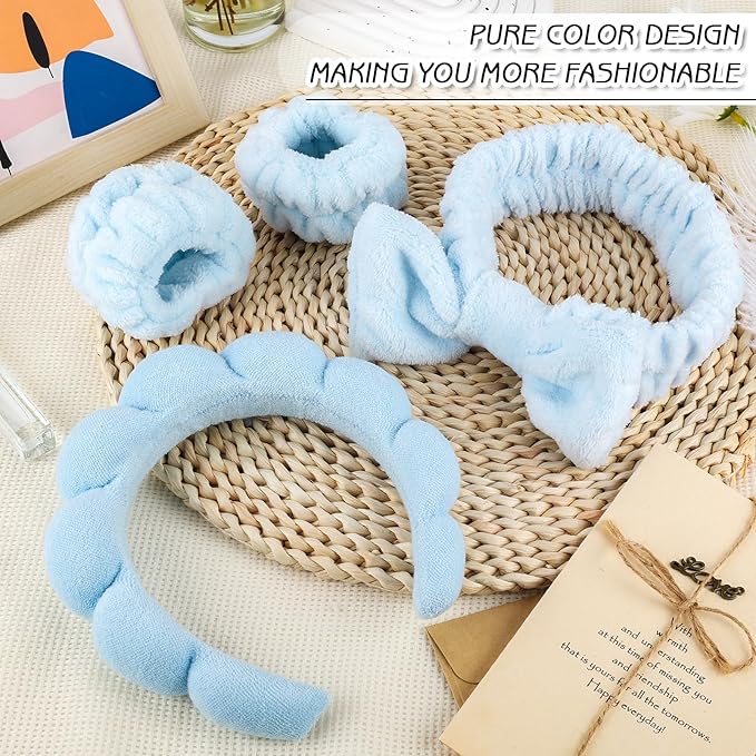 Zkptops 6Pcs Spa Headband for Washing Face Wristbands Set Women Bubble Skincare Makeup Sponge Blue Terry Cloth Padded Puffy Headband Bow Tie Hairband Cute Non Slip Thick Hair Accessory Gifts